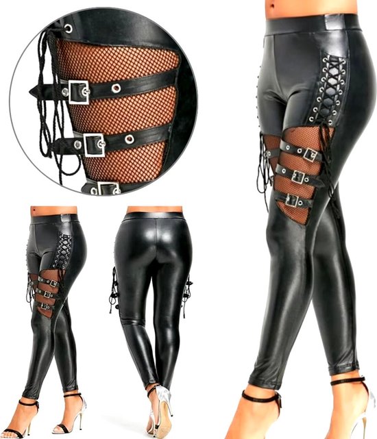 Collage van een zwarte PU-leren legging met gespen en veters, inclusief detailfoto.