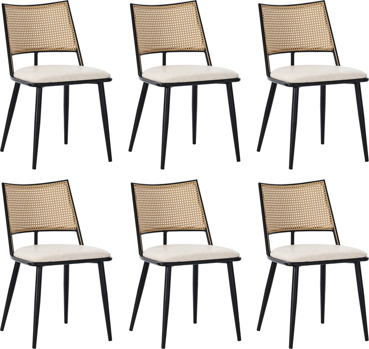 Merax Eetkamerstoelen Set van 6 - Kunstleer Gestoffeerde Stoelen met Rattan Rugleuning - Zwart