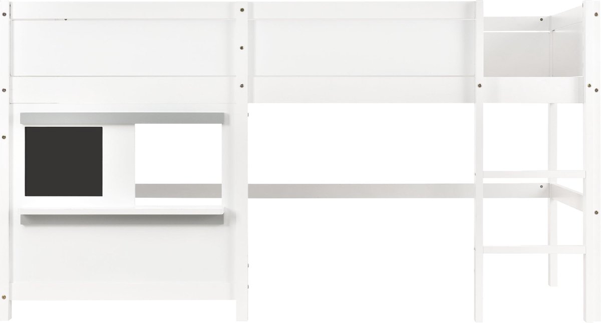 Merax Half Hoogslaper 90x200 cm – Wit Houten Bed met Krijtbord en Opbergruimte