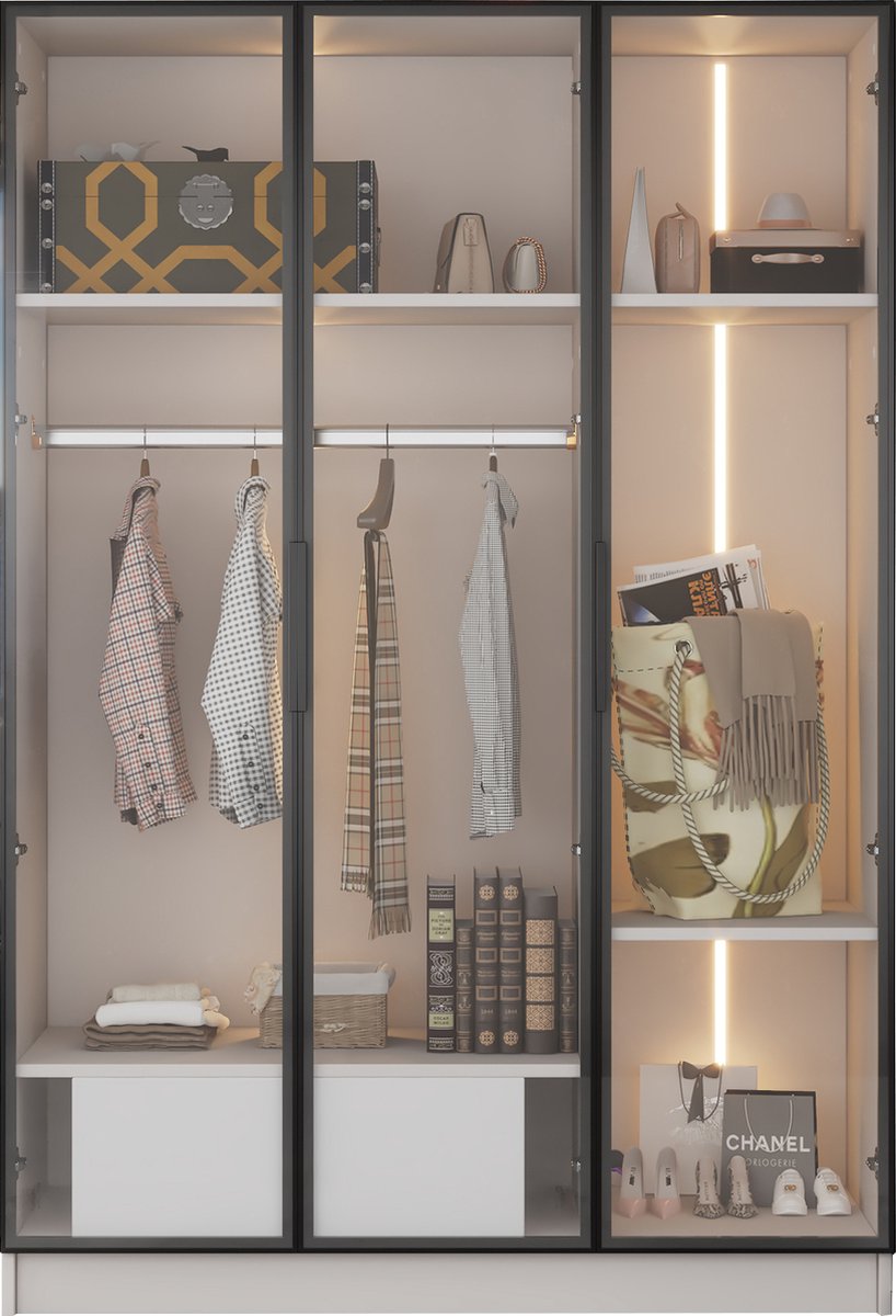 Merax Ruime Kledingkast met 3 Glazen Deuren - 1 Schuiflade - 1 Kledingroede en LED-verlichting – 110x50x160 cm – Wit