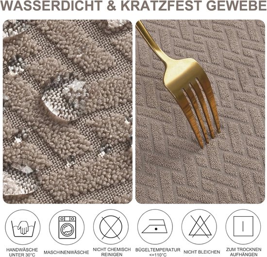Detail van waterdichte stof van een taupe stoelhoes, met druppels water en een gouden vork.