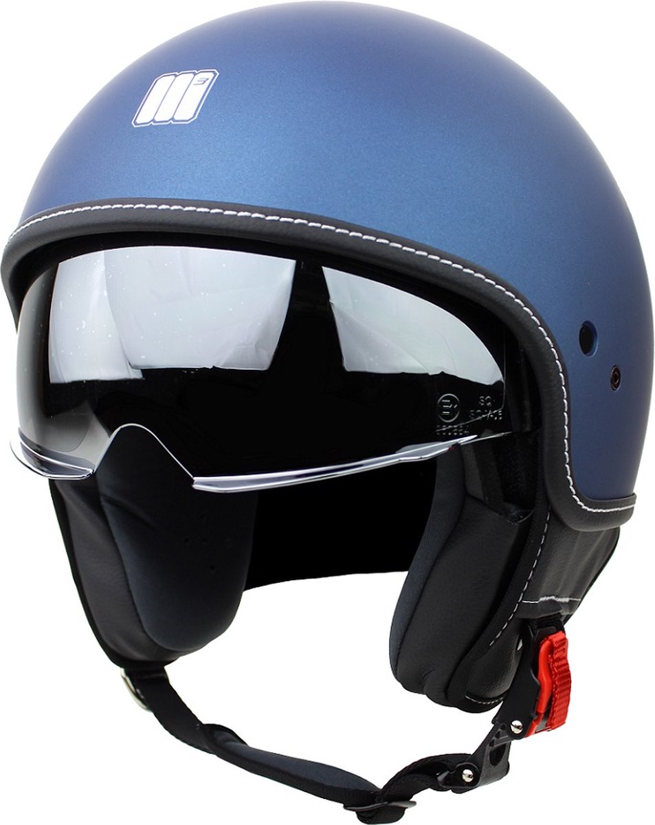 Motocubo Beetle - Jethelm met vizier - ECE 22.06 - Geschikt als Scooter Motor Snorfiets Brommerhelm - Maat S - Mat Blauw