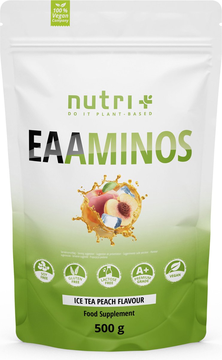 Goedkoopste nutri EAA Poeder Ice Tea Peach - Hoogste Dose - EAA Essential Aminos veganistisch poeder - Essentiële aminozuren - 500 g