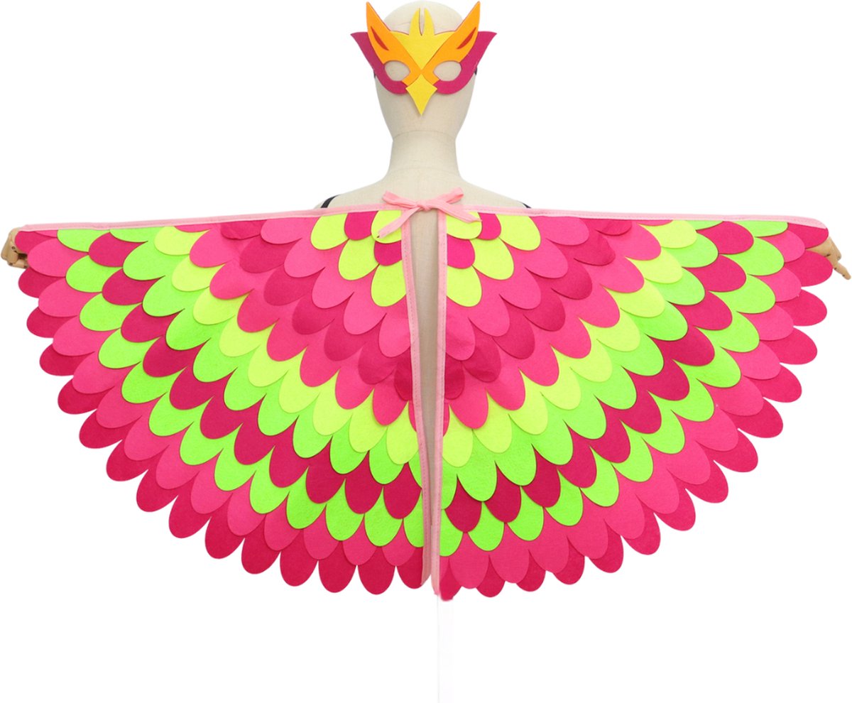 Joya Kids® Vogel Verkleedcape en Masker Fluo Roze en Geel | Cape met Masker van Vilt | Vilten Verkleedset | Verkleden Paradijsvogel | Meisje en Jongen Verkleedkleding | Cape Set | Carnaval en Halloween Outfit Kinderen — afbeelding 9