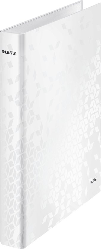 Witte Leitz ringband met subtiel geometrisch patroon, staand, open.