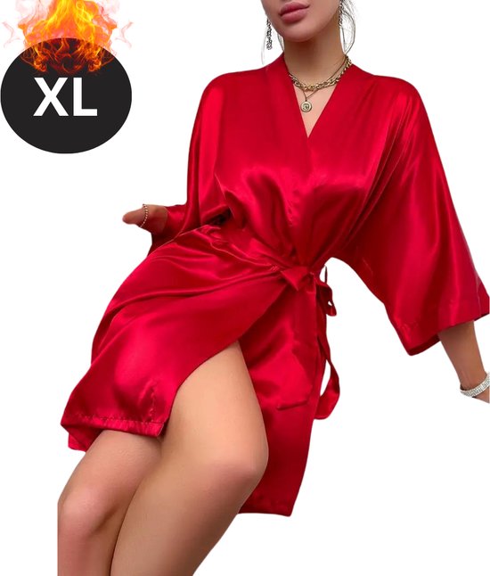 Nivard Satijnen Jurk - Slipdress - Pyama Dames - Badjas - Ochtendjas - Kimono - Erotisch - Kamerjas - Rood XL