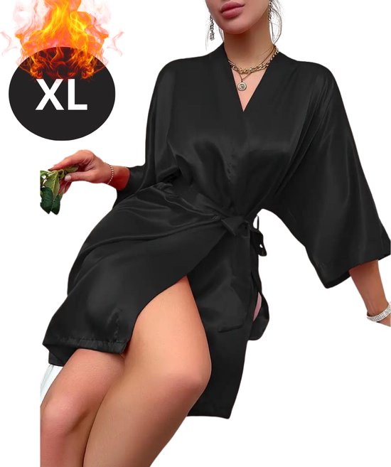 Nivard Satijnen Jurk - Slipdress - Pyama Dames - Badjas - Ochtendjas - Kimono - Erotisch - Kamerjas - Zwart XL