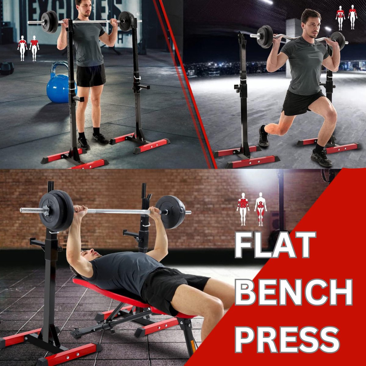 Squat Rack - Power Rack - Haltersteunen - Squat - Halterstandaard - Power Rack Krachtstation - Squatrek - Krachtstations - Bench Press - Home Gym - Home Gym Krachtstation - 6 Verstelbare Hoogtes - Antislip Voetsteunen - Beginners & Gevorderden thumbnail 4