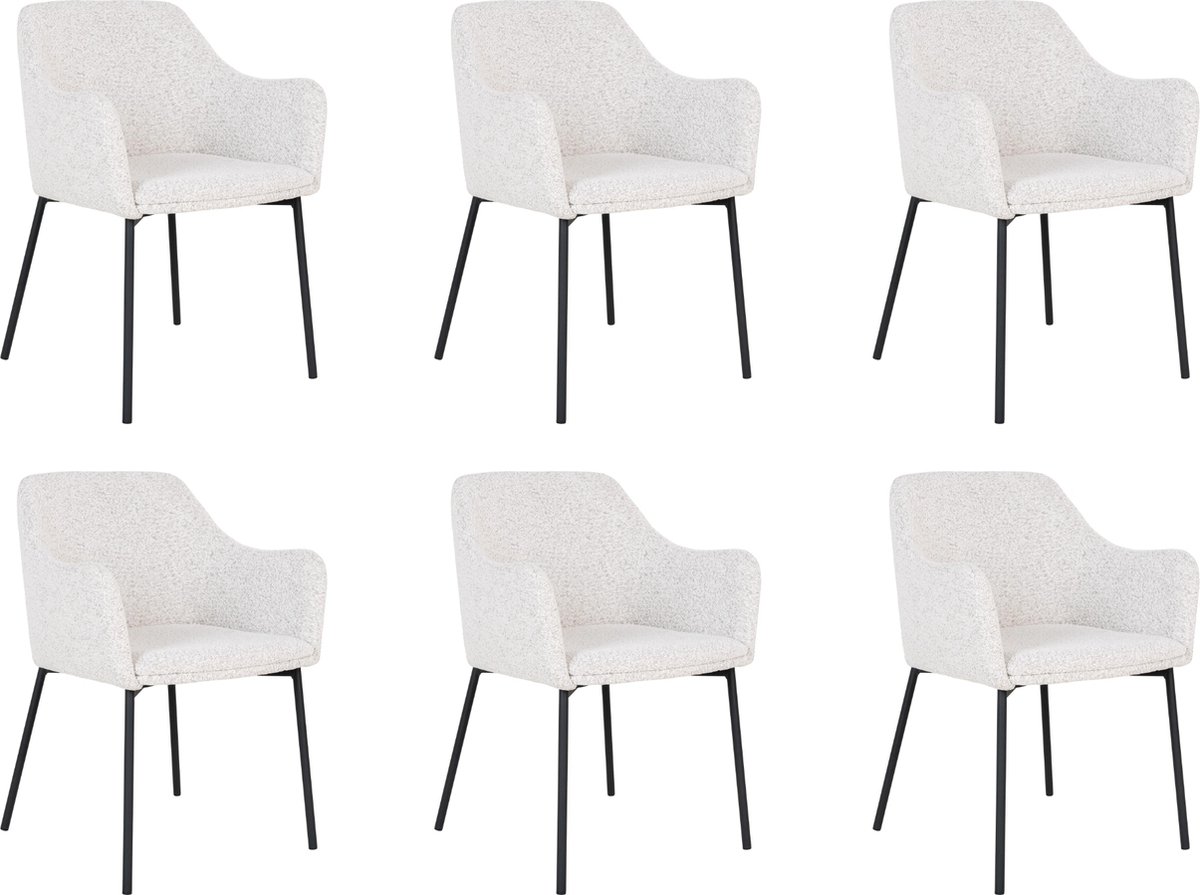 QUVIO Witte eetkamerstoelen Lima - Eetkamerstoel - Eetkamer stoelen - Eetkamerstoel met armleuning - Bouclé - Staal - Wit - Set van 6