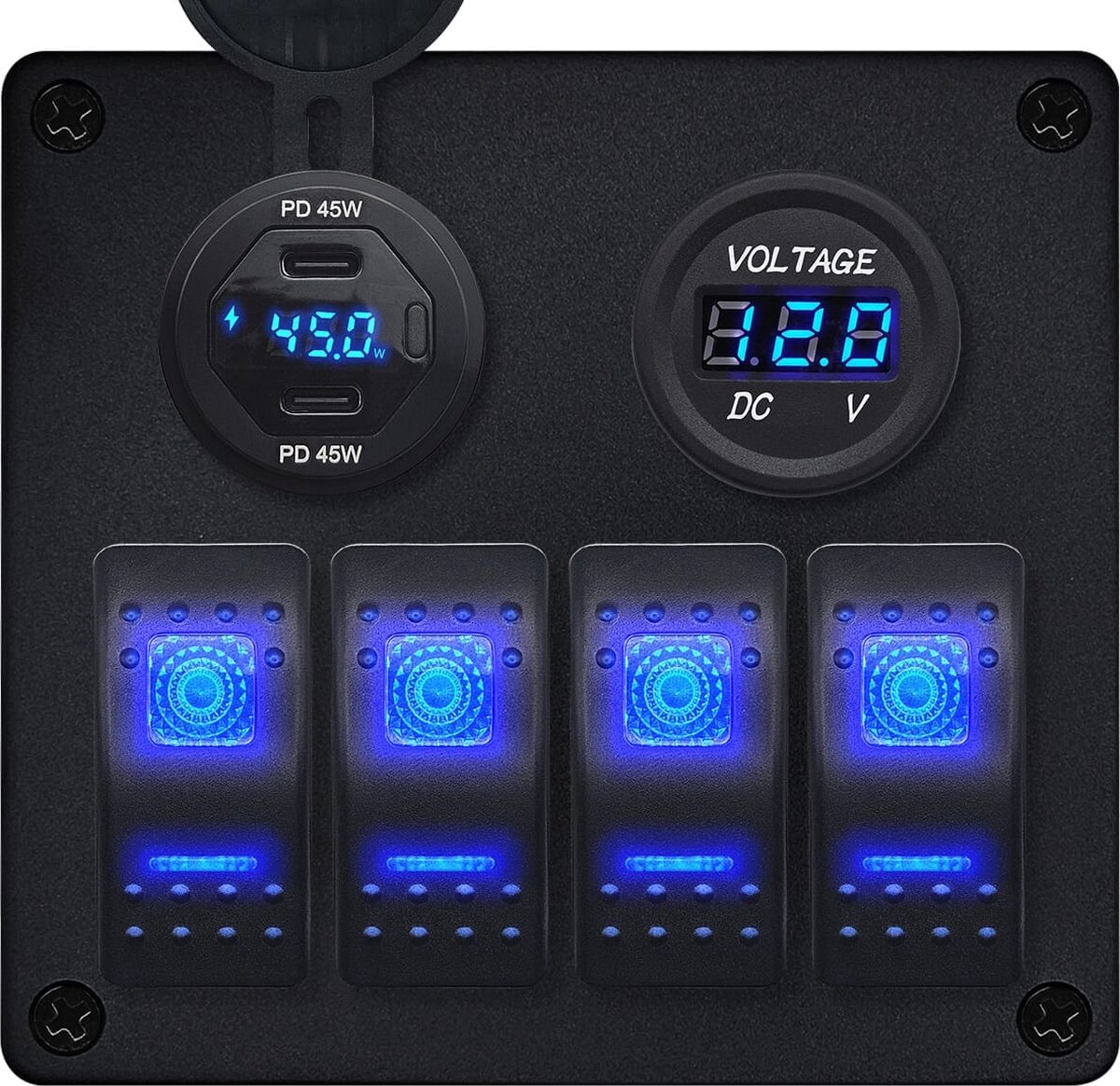 ProRide Schakelpaneel 12V voor Auto/Boot - USB C Lader 2 Poorten met Voltmeter/Wattagemeter - 45W/QC3.0 - 4 Schakelaars