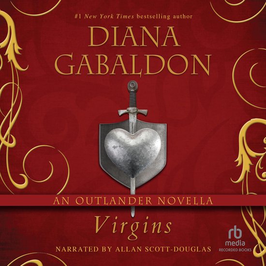 Couverture du livre "Virgins" par Diana Gabaldon, représentant un bouclier en forme de cœur argenté et une épée sur fond rouge orné.