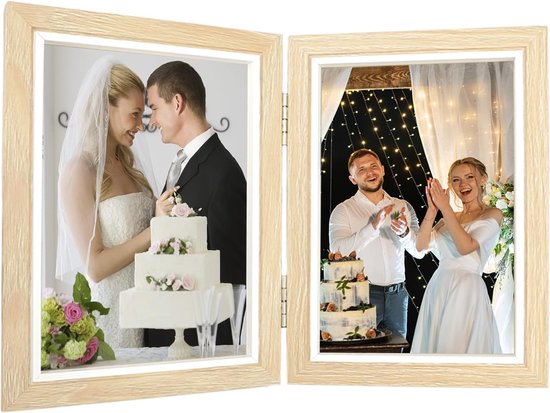 Cadre Photo Double Pliable 10x15 Cm - Bois Et Acrylique, Affiche 2 Photos, Gris, Pour Table - 10