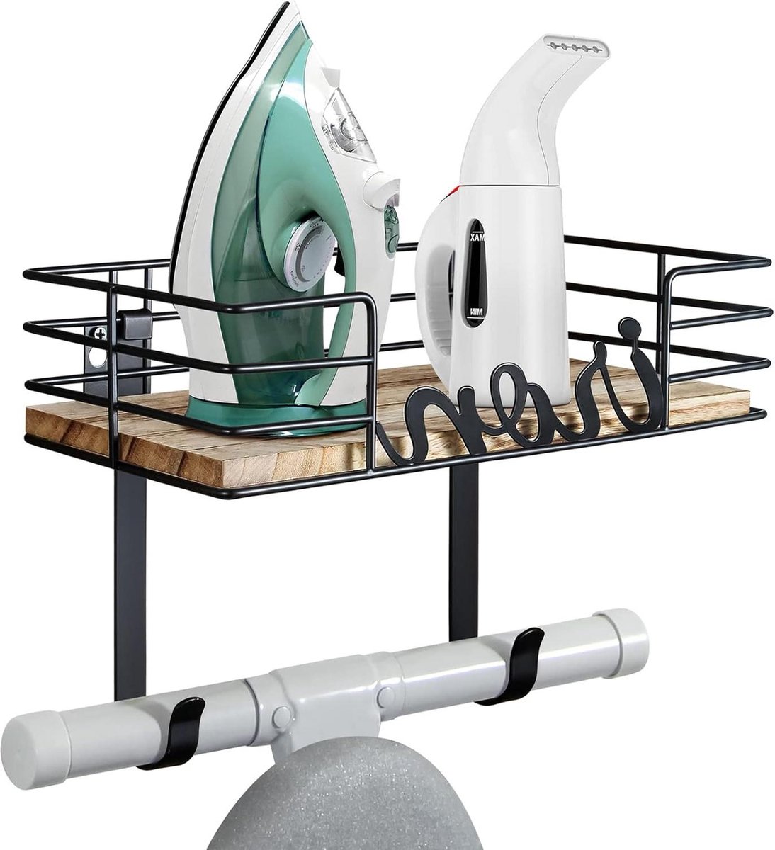 Goedkoopste Strijkplank Hanger met Houten Basismand - Wasruimte Strijkplankhouder met Verwijderbare Haken Strijkplank