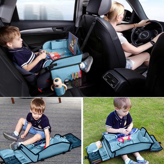 WALSER kinderspeeltafel-auto, kinderspeeltafel voor op reis, opvouwbare kinderspeeltafel-auto met tablethouder, autotafel voor kinderzitje blauw