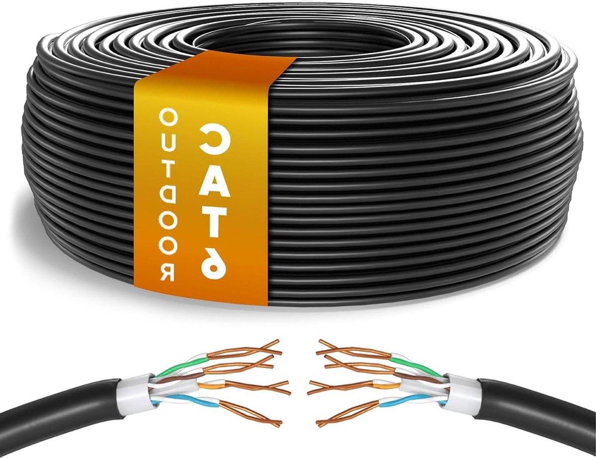 Image of 50 meter Zwarte Cat6 Ethernet Kabel - Hoge Snelheid LAN Netwerkkabel voor Buiten Gebruik met Weerbestendige RJ45 Connector
