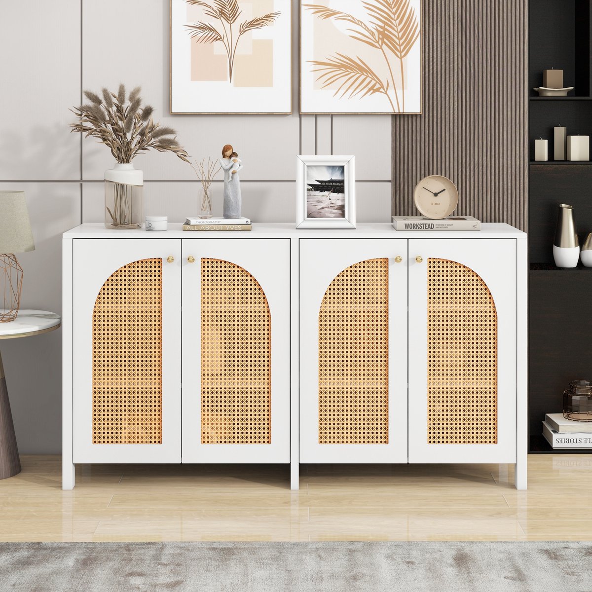 Sweiko Een Moderne Bestekkast in Minimalistische Stijl met vier rieten deuren en metalen handgrepen Een eenvoudige Buffetkast in de eetkamer, Woonkamer en keuken (Wit)