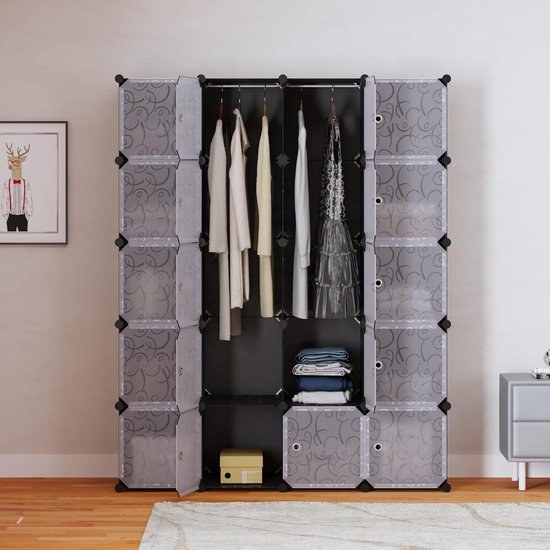 Draagbare Kledingkast Doe-het-zelf Kledingkast Om Kleding Op Te Hangen Modulaire Opbergorganizer 16 Kubussen 4 Hangende Rails Voor Kinderen 123 X 41 X 123 Cm Wit Kledingkast