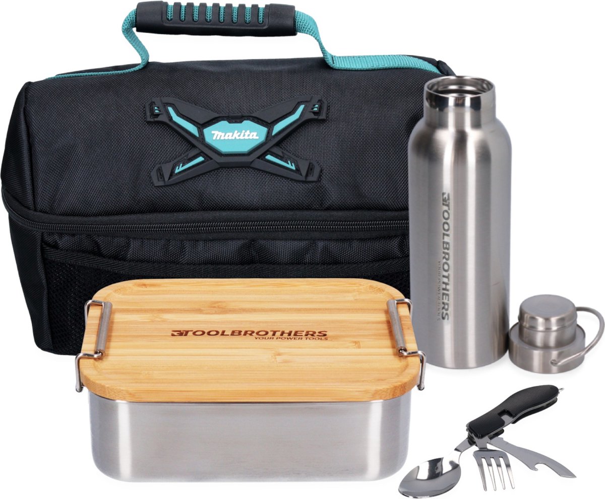 Toolbrothers Fan lunchpakket in Makita koeltas met roestvrijstalen broodtrommel met bamboe deksel 1200 ml + roestvrijstalen drinkfles 500 ml + 4-in-1 multifunctioneel bestek