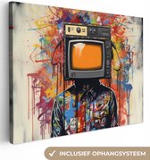 Canvas schilderij 80x60 cm - Wanddecoratie Televisie - Graffiti - Mens - Kleuren - Muurdecoratie woonkamer - Slaapkamer decoratie - Kamer accessoires - Schilderijen