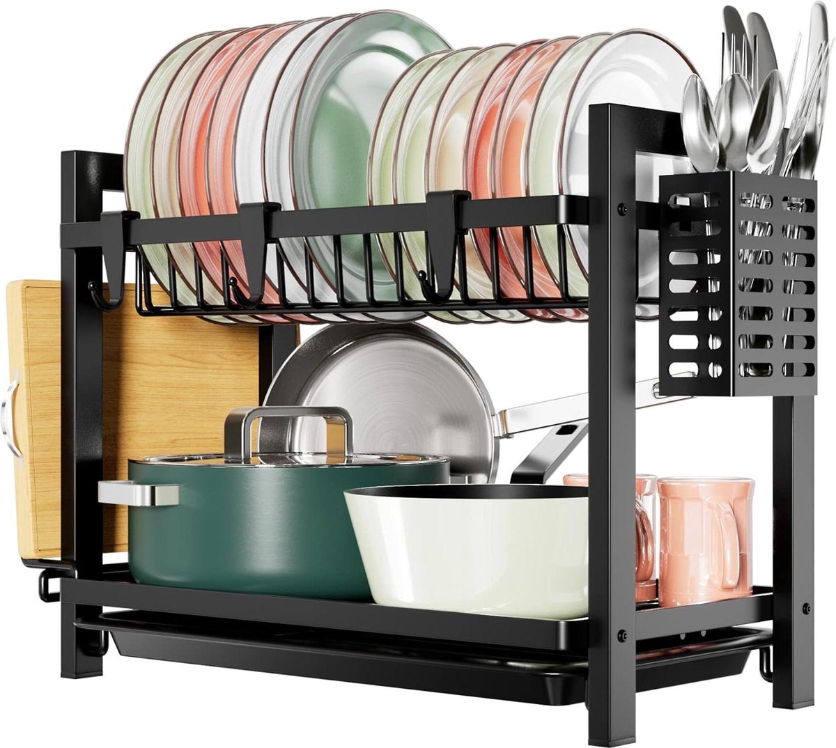 Goedkoopste Afdruiprek servies zwart 2-traps roestvrij staal - vaatdroger met keukengereihouder - zwart - 52 x 245 x 345 cm - lekbak bordenrek