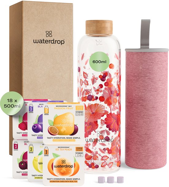 waterdrop® Starter Set Glas - Relax Melange - 1 Bouteille en Glas 600 ml + 18 comprimés effervescents Microdrink