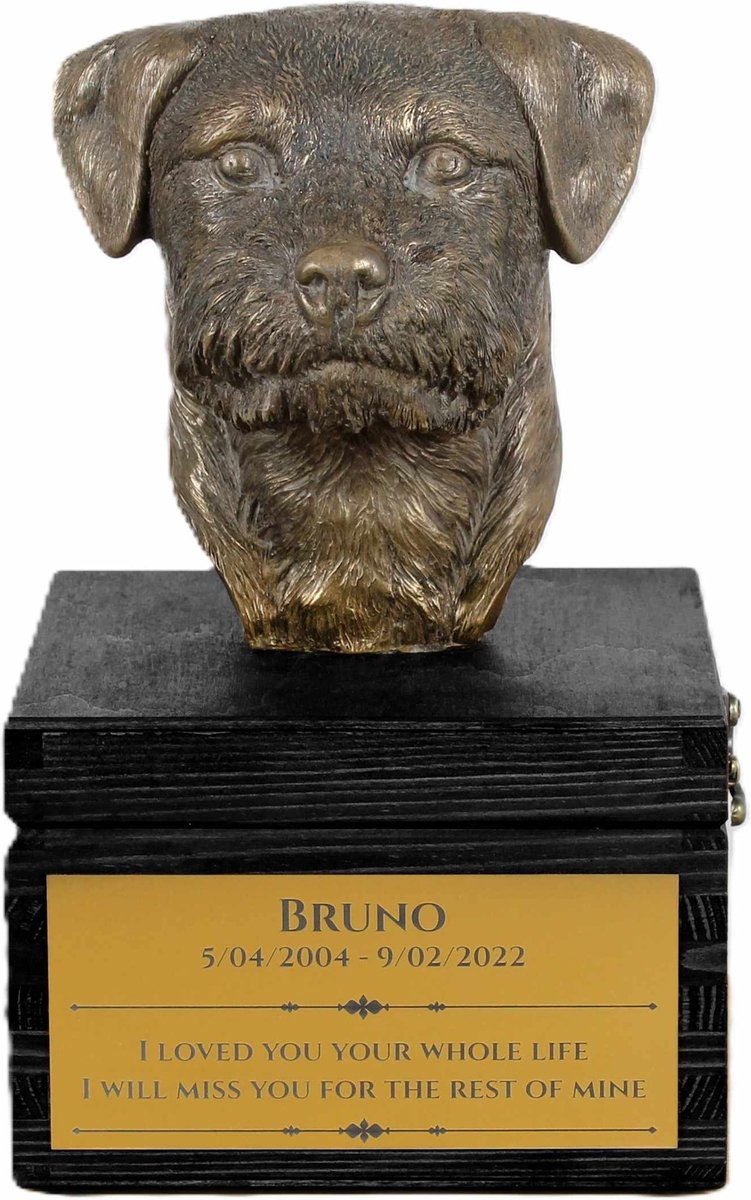 Border Terrier urn met gravure en hondensculptuur, handgemaakt.