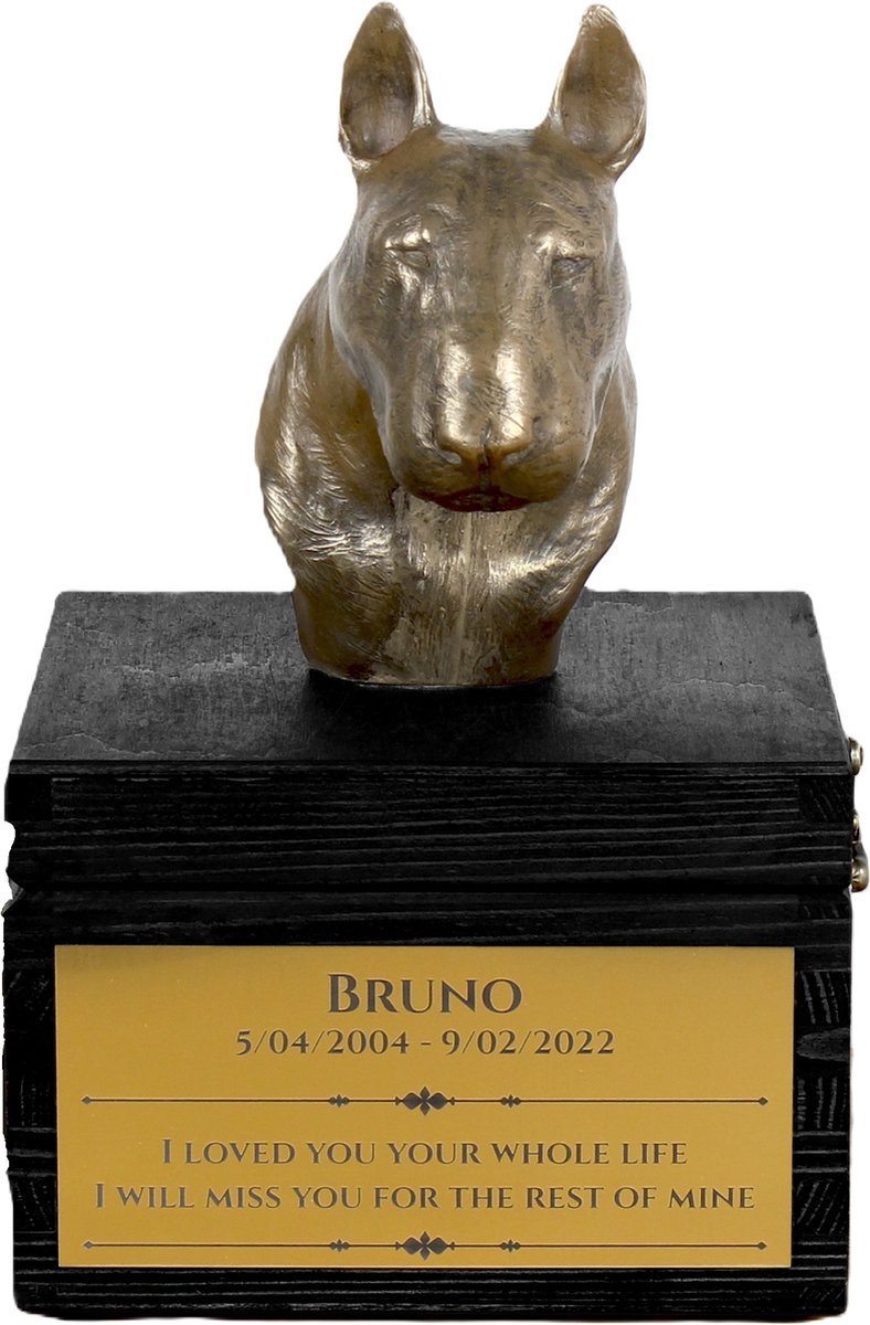 Handgemaakte urn hond met beeld en gravure van Bull Terrier