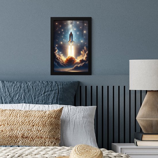Affiche sous cadre - Cadre photo 20x30 cm - Posters - Voyage spatial - Fusée - Espace - Etoiles - Cadre affiche noir - Décoration murale pour chambre ado - Décoration chambre ado - Accessoires chambre ado jeunesse