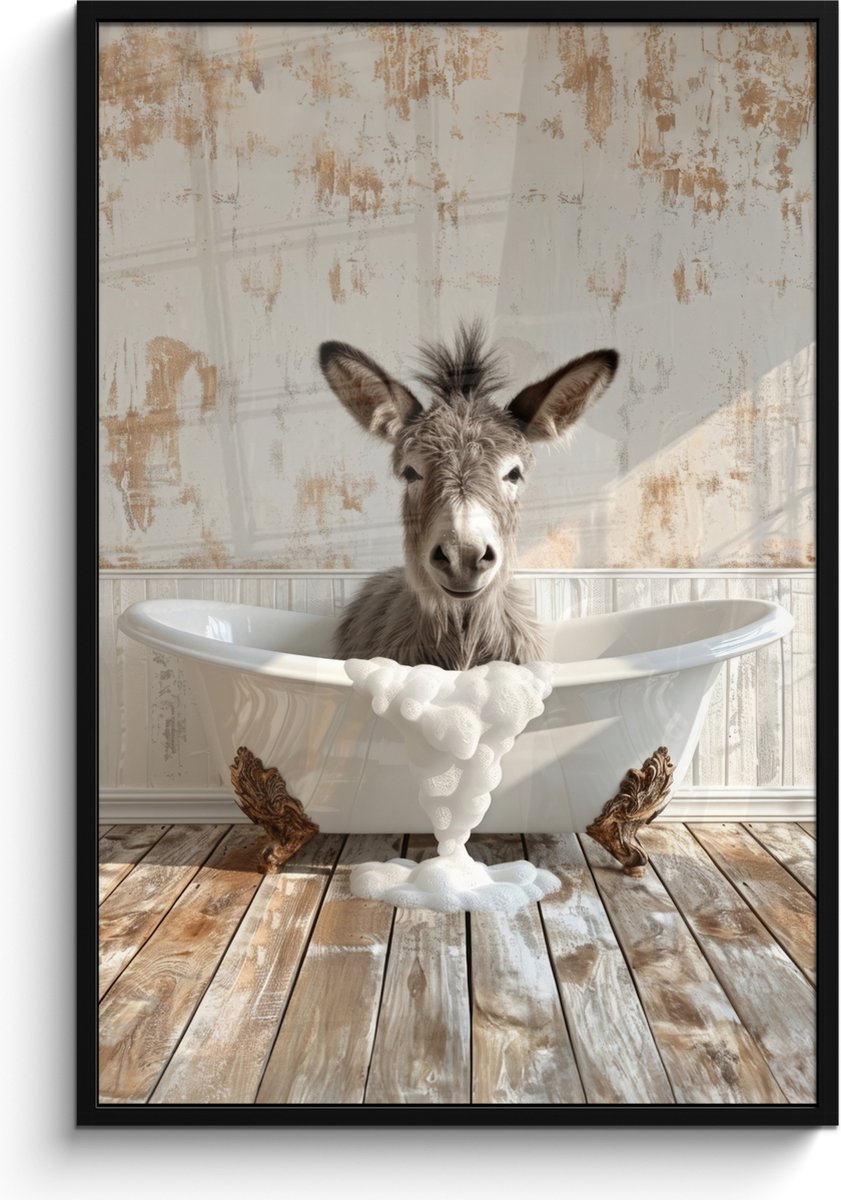 FrameYourWall Poster in lijst - Fotolijst 80x120 cm - Posters - Ezel - Dieren - Badkuip - Schuim - Posterlijst zwart - Wanddecoratie badkamer - Muurdecoratie WC - Decoratieve accessoires - Toilet muur decoratie Ezel - Badkuip
