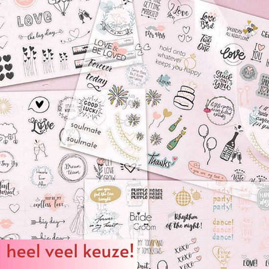 Ruime keuze aan transparante trouwstickers: liefde, 'forever', 'just married', harten, bloemen, feest.