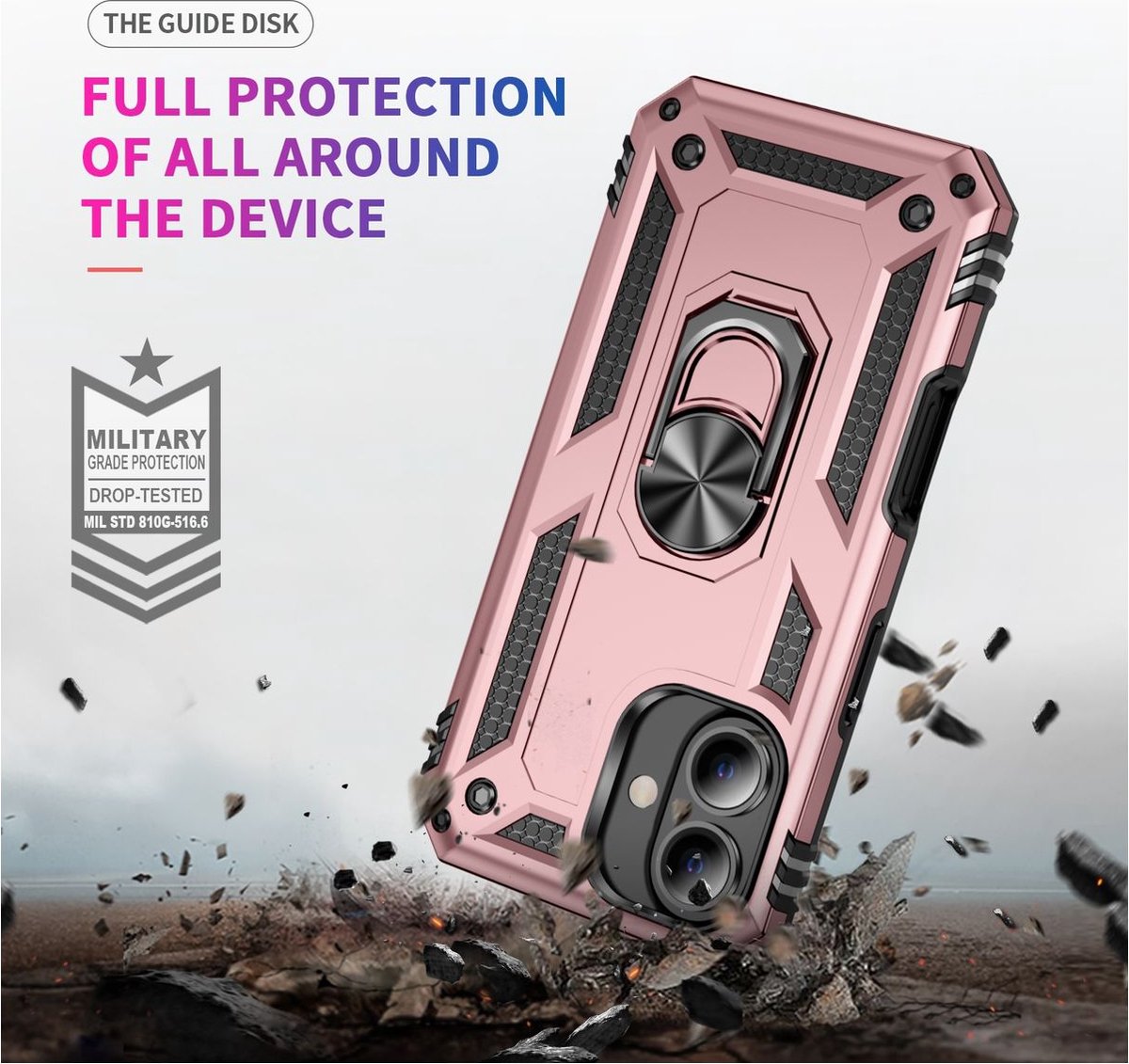 Mobigear Hoesje geschikt voor Apple iPhone 16 Plus Telefoonhoesje Hardcase | Mobigear Armor Ring Backcover Shockproof met Ringhouder | Schokbestendig iPhone 16 Plus Telefoonhoesje | Anti Shock Proof - Roségoud