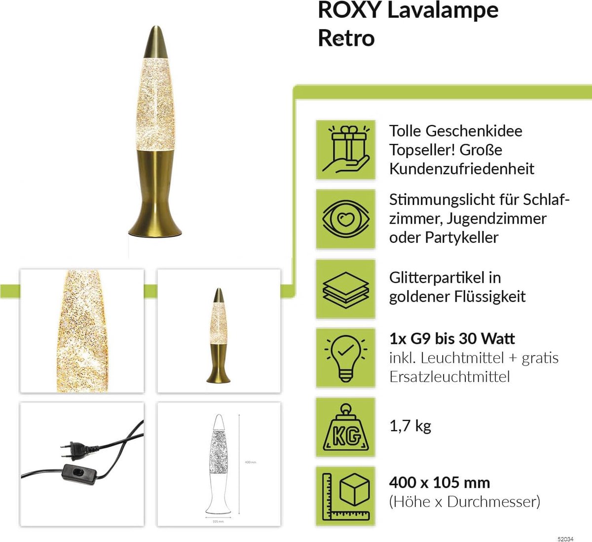 Glitter Lavalamp van Glas en Aluminium - 40 cm Hoog, Ideale Tafellamp voor Woonkamer en Tienerkamer