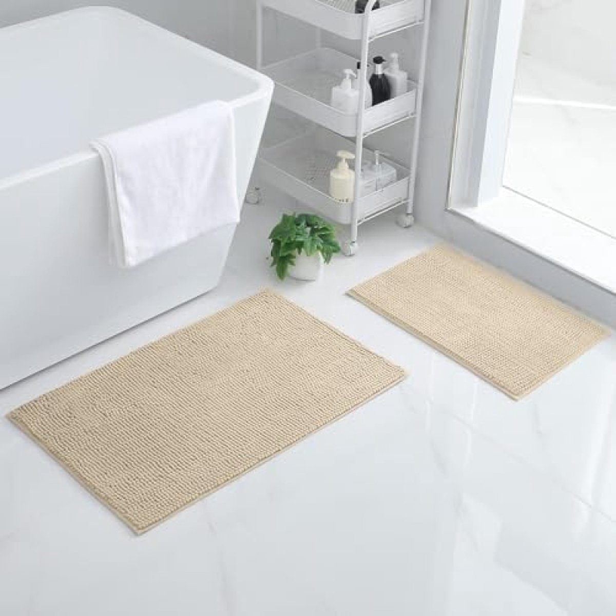 Chenille Badmat Set van 2, Zacht, Absorberend, Antislip, Wasbaar, 40 x 60 cm + 50 x 80 cm, Beige