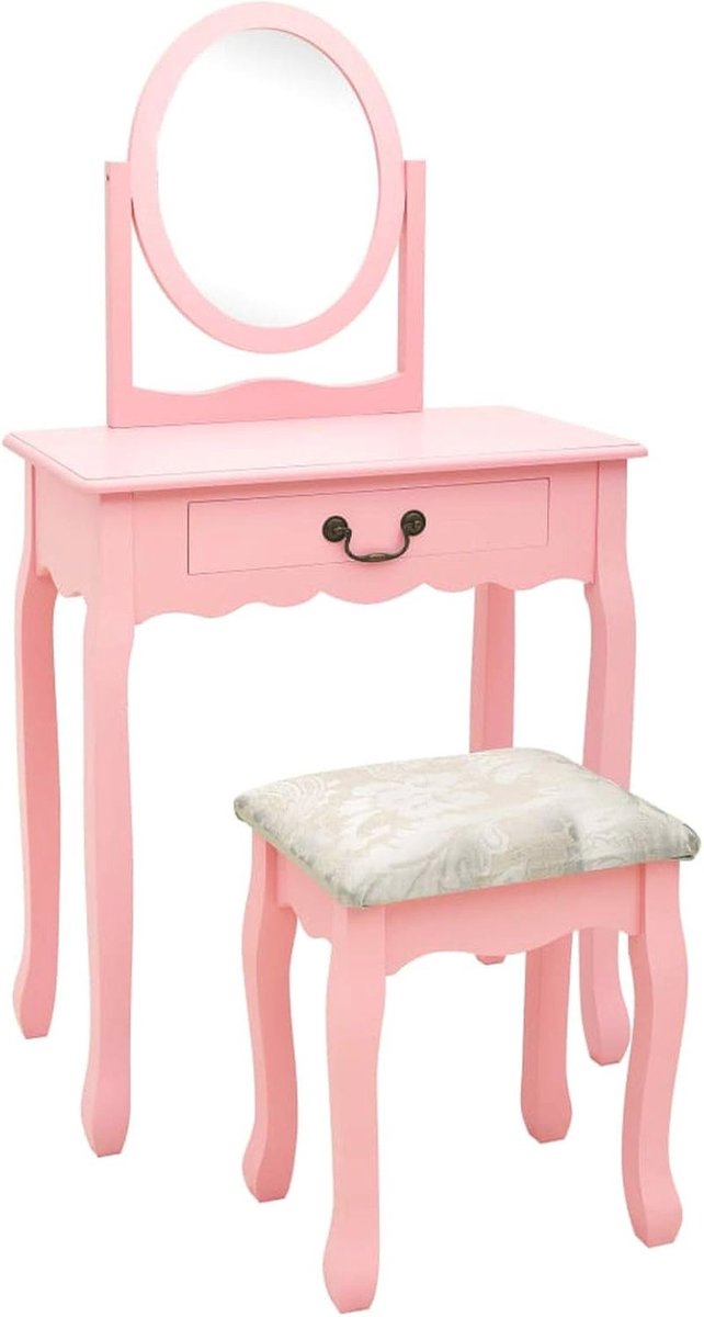 Toilettafel met Spiegel en Kruk voor Make-up - Wit/Roze - Luxe Kaptafel met Opbergruimte