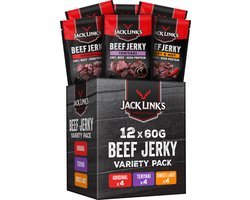 Jack Links Beef Jerky Mix Box - 100% premium Beef - Hoog in Eiwitten - Rundvlees Snack - voor Tussendoor, Onderweg of in de Sportschool - 12 x 60g