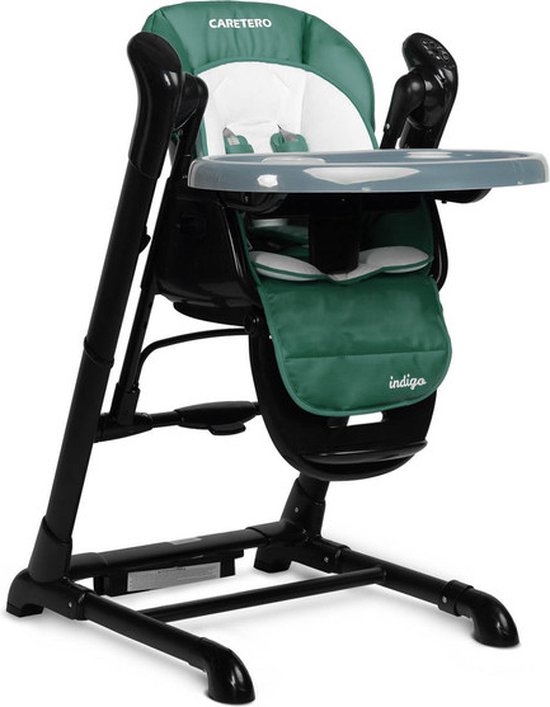 Caretero Indigo Kinderstoel + Schommel Zwart Groen - Babystoel - Baby Eetstoel - Babystoel voor aan Tafel - Voor Kinderen van 1 Maand tot 4 Jaar - Verstelbare Hoogte en Voetensteun - Groot Dubbel Blad - Kinderstoeltje voor Peuter - Peuterstoel