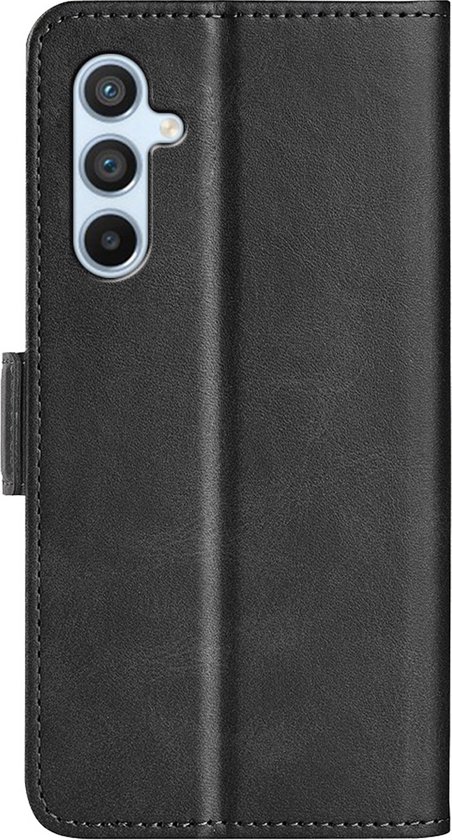 Zwarte leren wallet case met telefoon en camera-uitsparing.