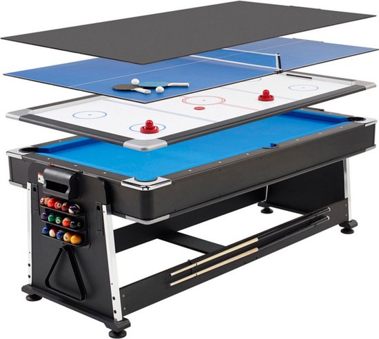 Strength - 7ft - 4in1 Multi Game Tafel - Biljarttafel - Airhockey - Tafeltennis - pooltafel - Zwart - blauw