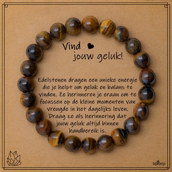 Tijgeroog kralenarmband met de tekst 'Vind jouw geluk!' en een uitleg over edelstenen.