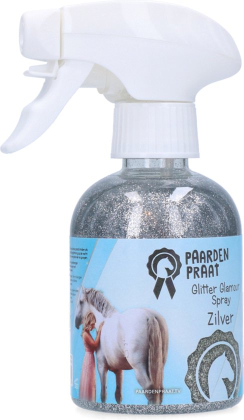 Paardenpraat TV Glitter Glamour Spray - Zilveren Spray - 250 ml - Glitters - Vacht Versiering voor Paarden - Voor de Vacht, Manen en Staart Paardenpraat TV Glitter Glamour Spray - Zilveren Spray - 250 ml - Glitters - Vacht Versiering voor Paarden - Voor de Vacht, Manen en Staart