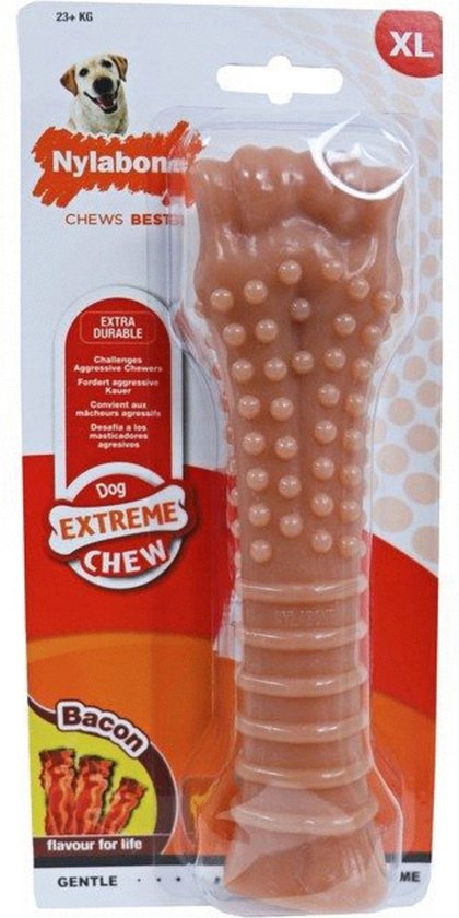 Nylabone XL, bruine hondenspeeltje in botvorm met noppen en ribbels, bacon smaak.