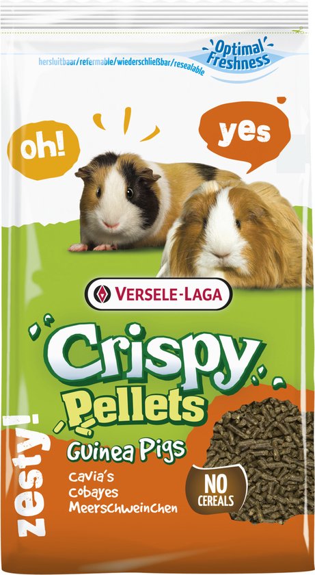 Verpakking Crispy Pellets Caviavoer zonder granen, met twee cavia's op de voorkant.