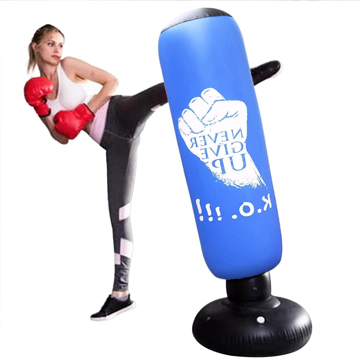 Opblaasbare bokszak - 1575 cm dik PVC bokstraining voor kickboksen karate - stressverlichting thuisgym - zwart/wit/blauw - jeugd L