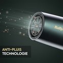 Close-up van de knoppen op de BaByliss föhn: temperatuur, luchtsnelheid en koude lucht.