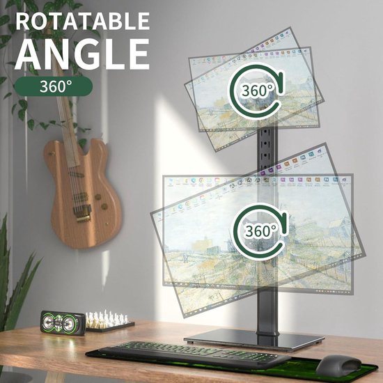 Monitorhouder 2-monitoren boven elkaar voor 17-49 inch platte en gebogen schermen, verticale schermhouder 2 monitoren in hoogte verstelbaar met 20 kg per arm, VESA 75/100 mm, zwart