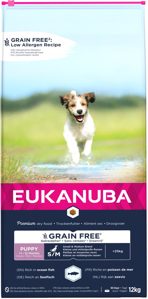 2x12kg Grain Free Puppy Small/Medium Breed Zalm Eukanuba Hondenvoer