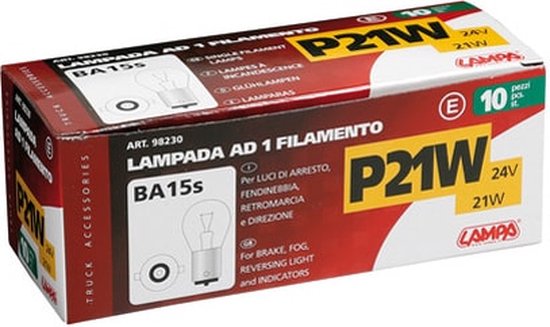 Doos met 10 stuks BA15s P21W 24V 21W lampen.