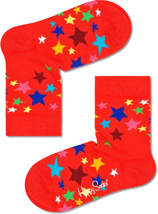 Rode kindersokken met kleurrijke sterren en het Happy Socks-logo bij de teen.