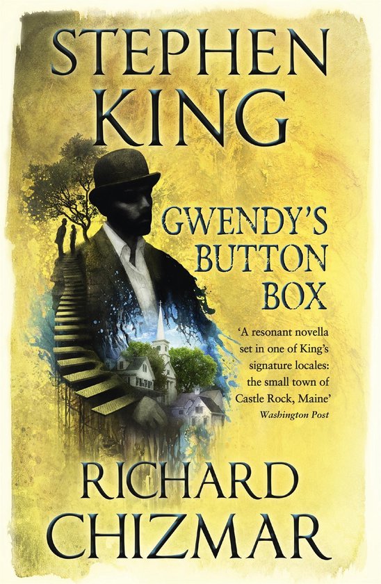 Boek 'Gwendy's Button Box' van Stephen King en Richard Chizmar, met een man in hoed op een trap.