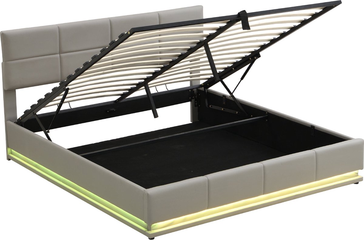 Merax Gestoffeerd Bed 180x200 cm met LED Verlichting - Hydraulisch Verstelbare Opbergruimte - Kunstleer in Cementgrijs - Geschikt voor Volwassenen en Tieners